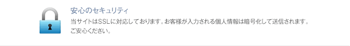 安心のセキュリティ:当サイトはSSLに対応しております。お客様が入力される個人情報は暗号化して送信されます。ご安心ください。