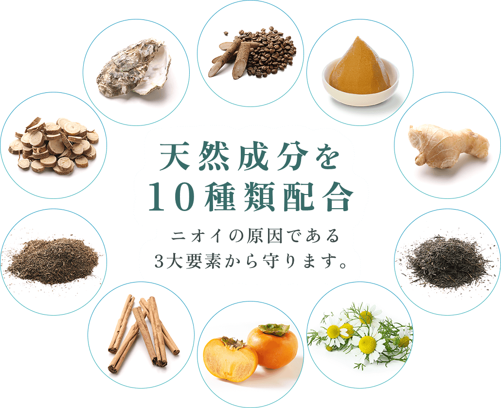 天然成分を10種類配合 ニオイの原因である3大要素から守ります。