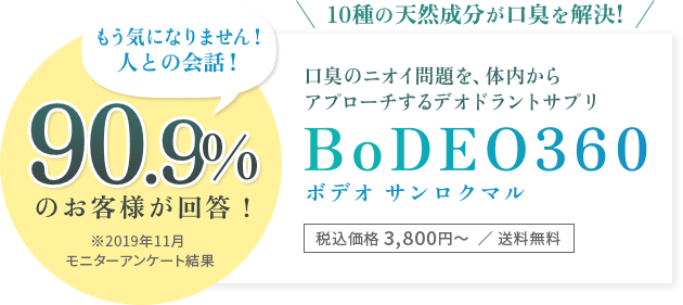 もう気になりません！人との会話 90.9%のお客様が回答！ ※2019年11月モニターアンケート結果 10種の天然成分が口臭を根本から解決! 口臭の問題を、体内からアプローチしたデオドラントサプリ BoDEO360（ボデオ サンロクマル）