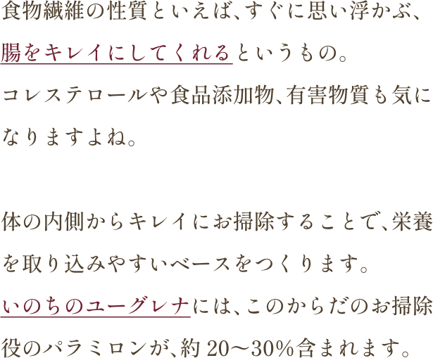 食物繊維の性質といえば、すぐに思い浮かぶ、腸をキレイにしてくれるというもの。コレステロールや食品添加物、有害物質も気になりますよね。体の内側からキレイにお掃除することで、栄養を取り込みやすいベースをつくります。いのちのユーグレナには、このからだのお掃除役のパラミロンが、約20〜30％含まれます。