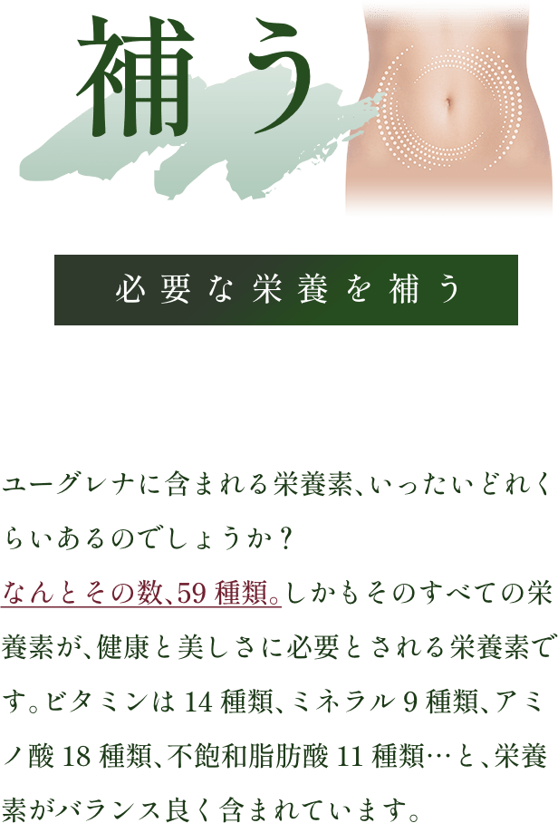 「補う」：からだの内側から綺麗にする。ユーグレナに含まれる、ユーグレナにしかない独自の成分である「パラミロン」はご存じですか？このパラミロン、食物繊維と同様の性質を持っています。