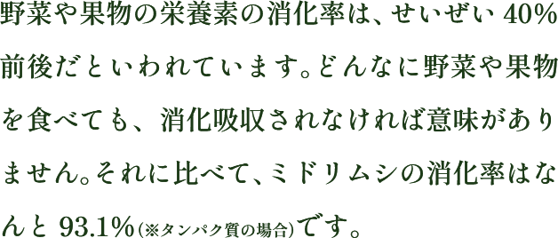 野菜や果物の栄養素の消化率は、せいぜい40％前後だといわれています。どんなに野菜や果物を食べても、消化吸収されなければ意味がありません。それに比べて、ミドリムシの消化率はなんと93.1％です。