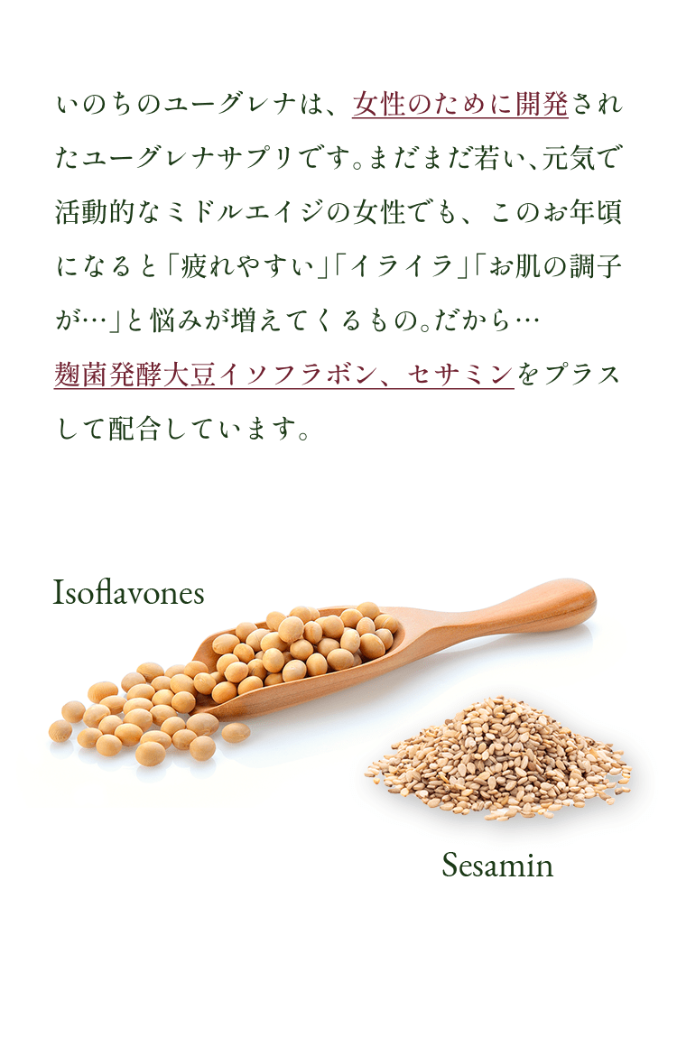 いのちのユーグレナは、女性のために開発されたユーグレナサプリです。まだまだ若い、元気で活動的なミドルエイジの女性でも、このお年頃になると「疲れやすい」「イライラ」「お肌の調子が…」と悩みが増えてくるもの。だから…麹菌発酵大豆イソフラボン、セサミンをプラスして配合しています。