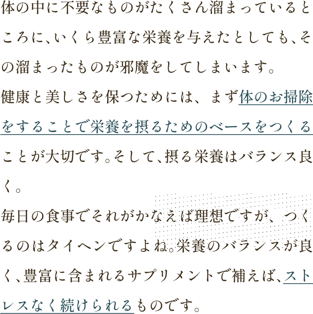 体の中に不要なものがたくさん溜まっているところに、いくら豊富な栄養を与えたとしても、その溜まったものが邪魔をしてしまいます。健康と美しさを保つためには、まず体のお掃除をすることで栄養を摂るためのベースをつくることが大切です。そして、摂る栄養はバランス良く。毎日の食事でそれがかなえば理想ですが、つくるのはタイヘンですよね。栄養のバランスが良く、豊富に含まれるサプリメントで補えば、ストレスなく続けられるものです。