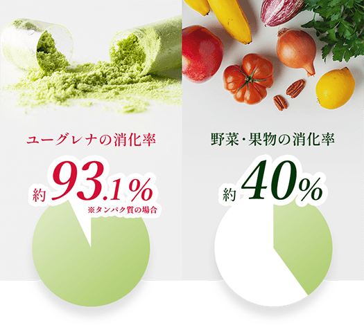 ユーグレナの消化率：約93.1％、野菜・果物の消化率：約40％