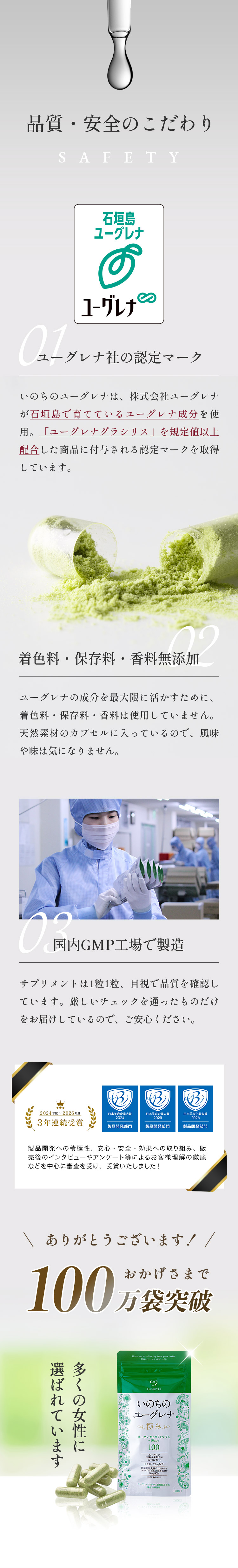 「品質・安全のこだわり」01.ユーグレナ社の認定マーク：いのちのユーグレナは、株式会社ユーグレナが石垣島で育てているユーグレナ成分を使用。「ユーグレナグラシリス」を規定値以上配合した商品に付与される認定マークを取得しています。02.香料・着色料無添加：ユーグレナの成分を最大限に活かすために、香料や着色料は使用していません。天然素材のカプセルに入っているので、風味や味は気になりません。03.国内GMP工場で製造：サプリメントは1粒1粒、目視で品質を確認しています。厳しいチェックを通ったものだけをお届けしているので、ご安心ください。おかげさまで100万袋突破