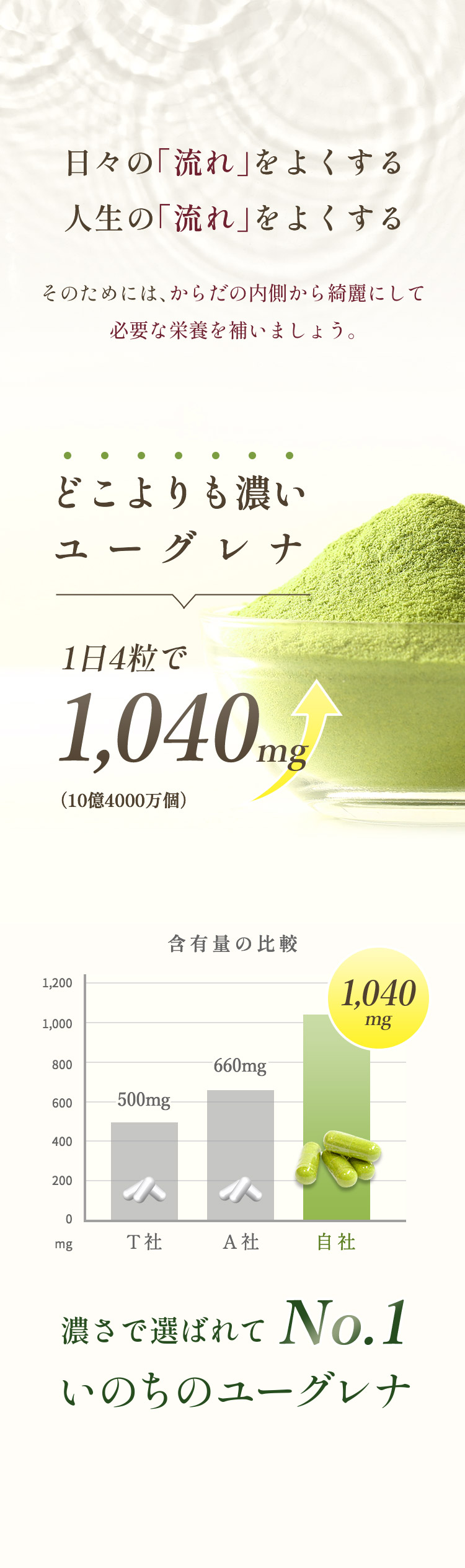 日々の「流れ」をよくする 人生の「流れ」をよくする そのためには、からだの内側から綺麗にして必要な栄養を補いましょう。