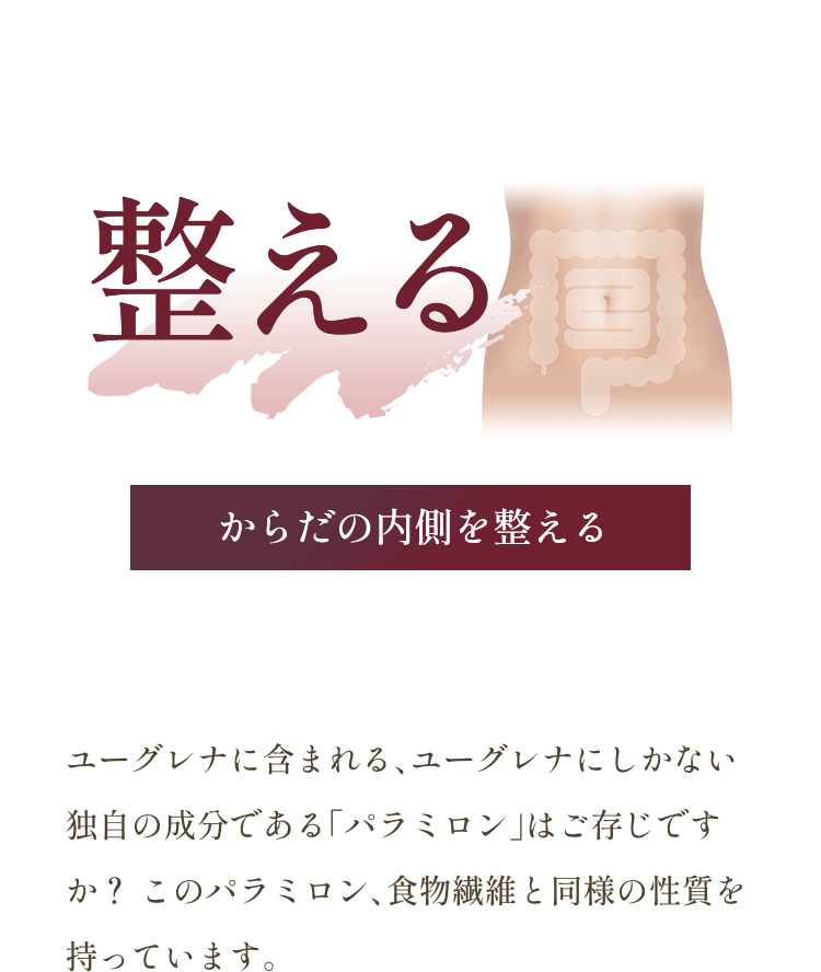 「整える」：からだの内側を整える。ユーグレナに含まれる、ユーグレナにしかない独自の成分である「パラミロン」はご存じですか？ このパラミロン、食物繊維と同様の性質を持っています。