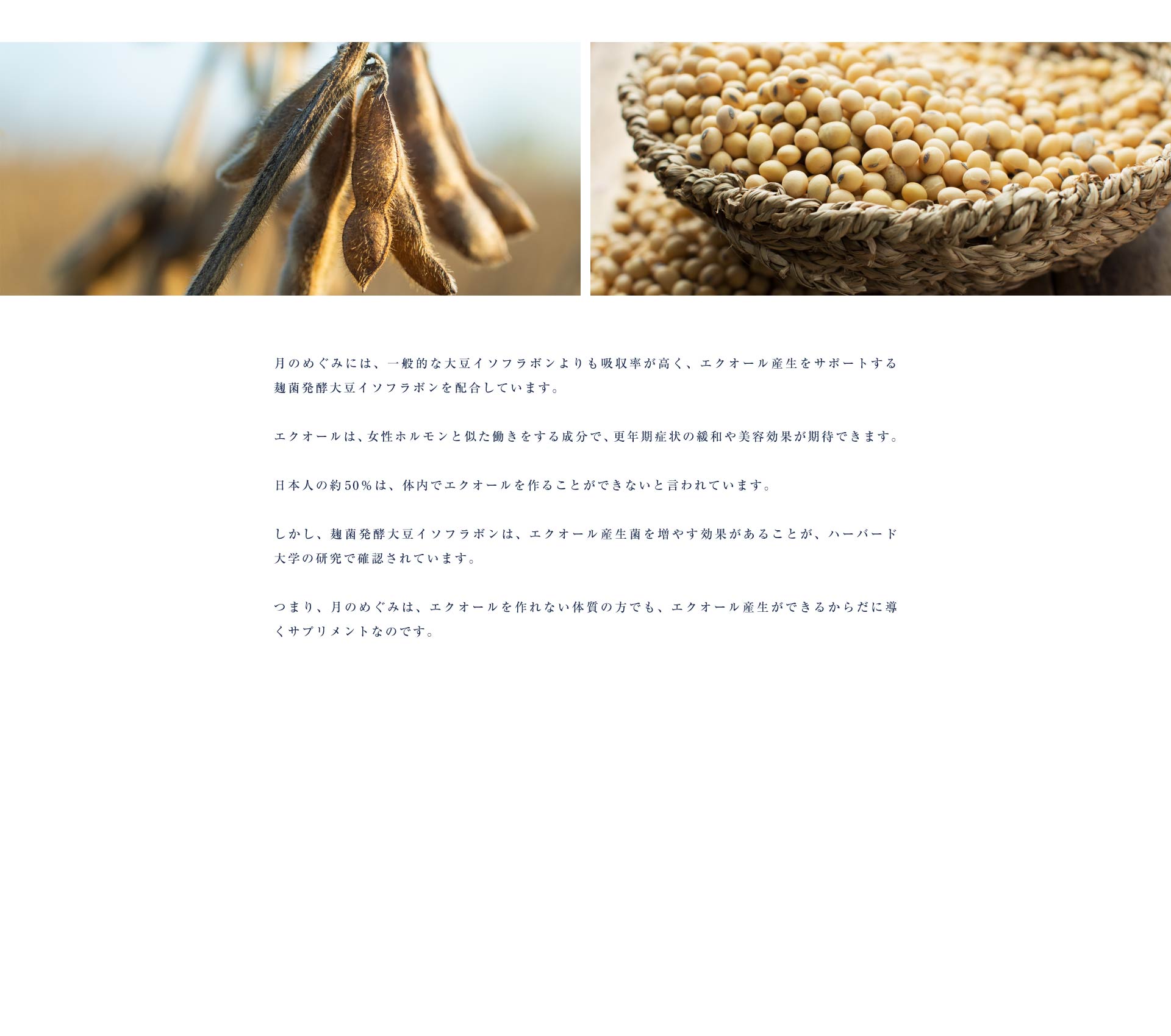 月のめぐみには、一般的な大豆イソフラボンよりも吸収力が高く、エクオール産生をサポートする麹菌発酵大豆イソフラボンを配合しています。エクオールは女性ホルモンと似た働きをする成分で、更年期症状の緩和や美容効果が期待できます。日本人の50%は、体内でエクオールを作ることができないと言われています。しかし麹菌発酵大豆イソフラボンは、エクオール産生菌を増やす効果があることが、ハーバード大学の研究で確認されています。つまり、月のめぐみは、エクオールを作れない体質の方でも、エクオール産生ができるからだに導くサプリメントなのです。