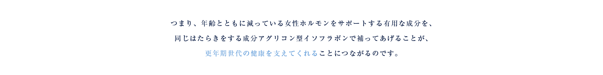 つまり、年齢とともに減っている女性ホルモンをサポートする有用な成分を、同じはたらきをする成分アグリコン型イソフラボンで補ってあげることが、女性の美と健康を支えてくれることにつながるのです。