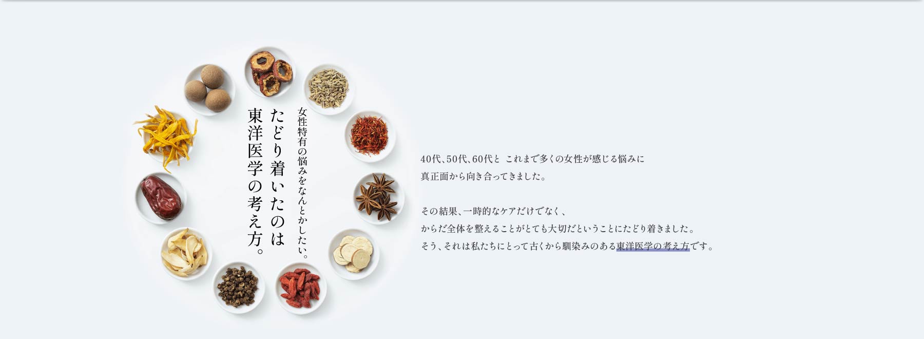 女性特有の悩みをなんとかしたい。たどり着いたのは東洋医学の考え方。40代、50代、60代と これまで多くの女性が感じる悩みに真正面から向き合ってきました。その結果、一時的なケアだけでなく、からだ全体を整えることがとても大切だということにたどり着きました。そう、それは私たちにとって古くから馴染みのある東洋医学の考え方です。