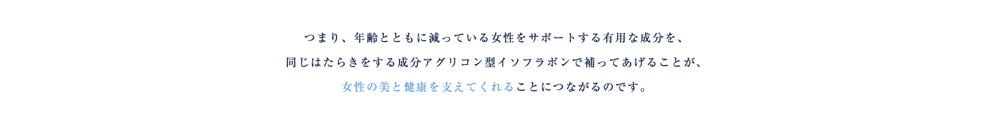 つまり、年齢とともに減っている女性をサポートする有用な成分を、同じはたらきをする成分アグリコン型イソフラボンで補ってあげることが、女性の美と健康を支えてくれることにつながるのです。