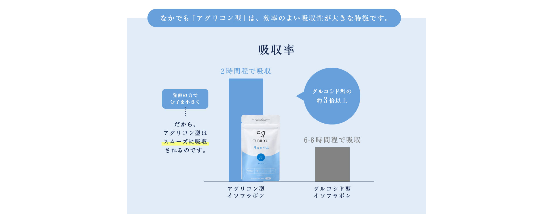 なかでも「アグリコン型」は、効率のよい吸収性が大きな特徴です。