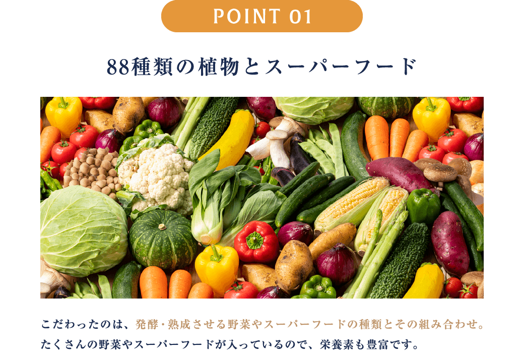 POINT1 88種類の植物とスーパーフード こだわったのは、発酵・熟成させる野菜やスーパーフードの種類とその組み合わせ。たくさんの野菜やスーパーフードが入っているので、栄養素も豊富です。