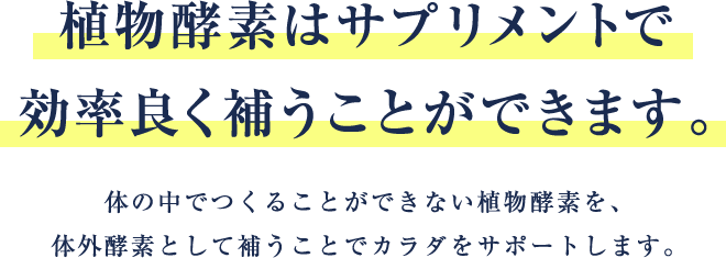 植物酵素はサプリメントで効率良く補うことができます。体の中でつくることができない植物酵素を、体外酵素として補うことでカラダをサポートします。