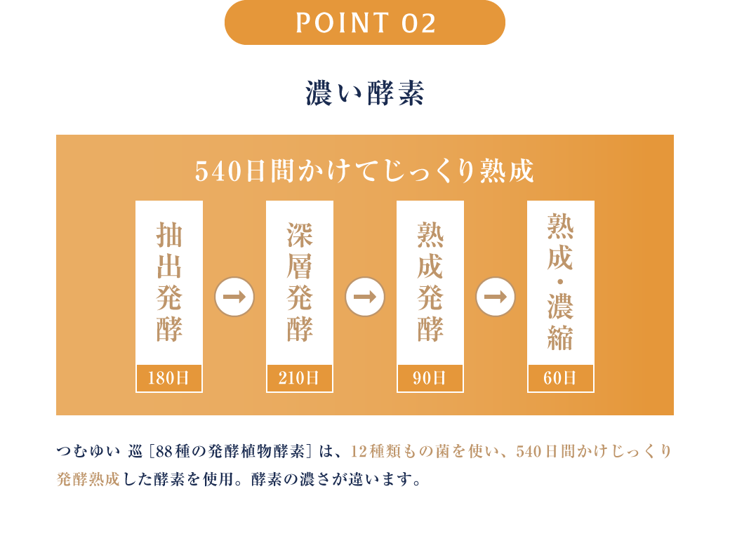 POINT2 濃い酵素 つむゆい 巡［88種の発酵植物酵素］は、12種類もの菌を使い、540日間かけじっくり発酵熟成した酵素を使用。酵素の濃さが違います。